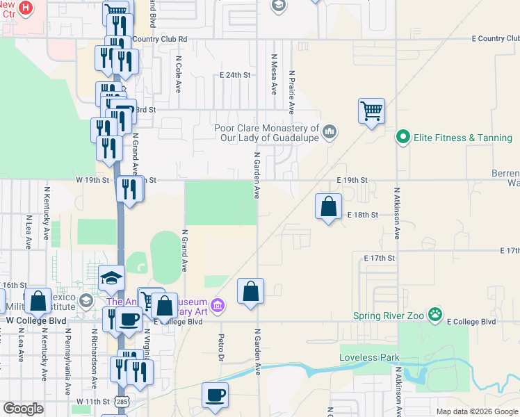 map of restaurants, bars, coffee shops, grocery stores, and more near 1801 North Garden Avenue in Roswell
