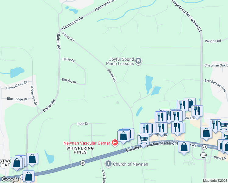 map of restaurants, bars, coffee shops, grocery stores, and more near 10 Posey Ridge Court in Newnan