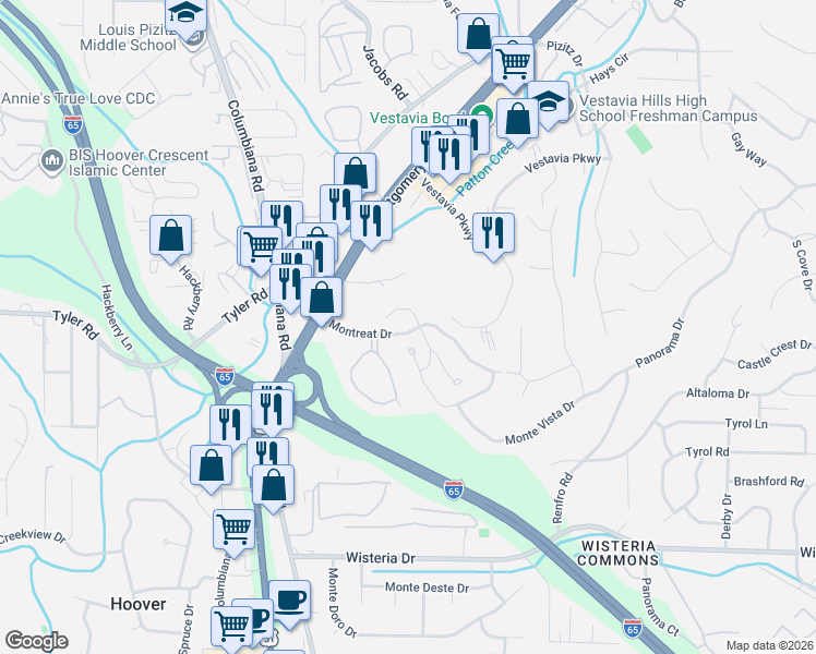 map of restaurants, bars, coffee shops, grocery stores, and more near 2001 Montreat Parkway in Vestavia Hills