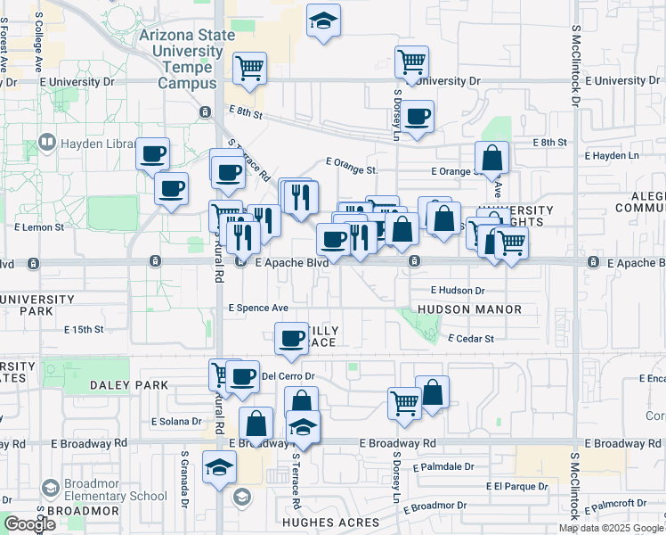 map of restaurants, bars, coffee shops, grocery stores, and more near 1134 East Spence Avenue in Tempe
