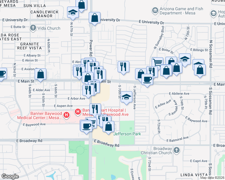 map of restaurants, bars, coffee shops, grocery stores, and more near 6945 East Main Street in Mesa
