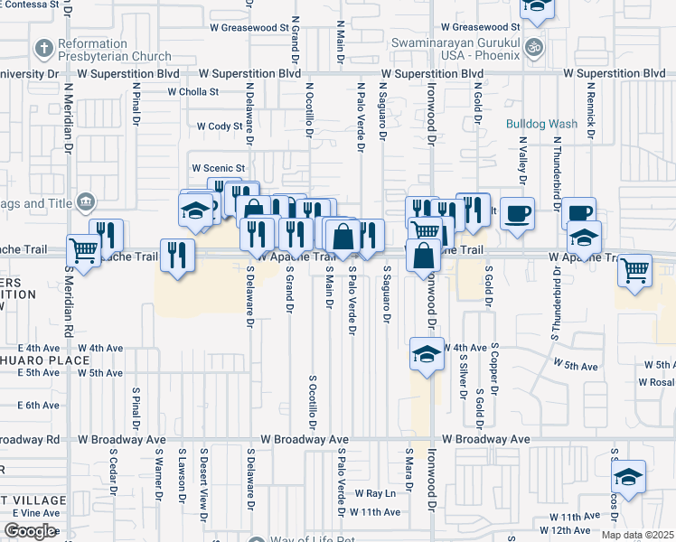 map of restaurants, bars, coffee shops, grocery stores, and more near 106 South Main Drive in Apache Junction