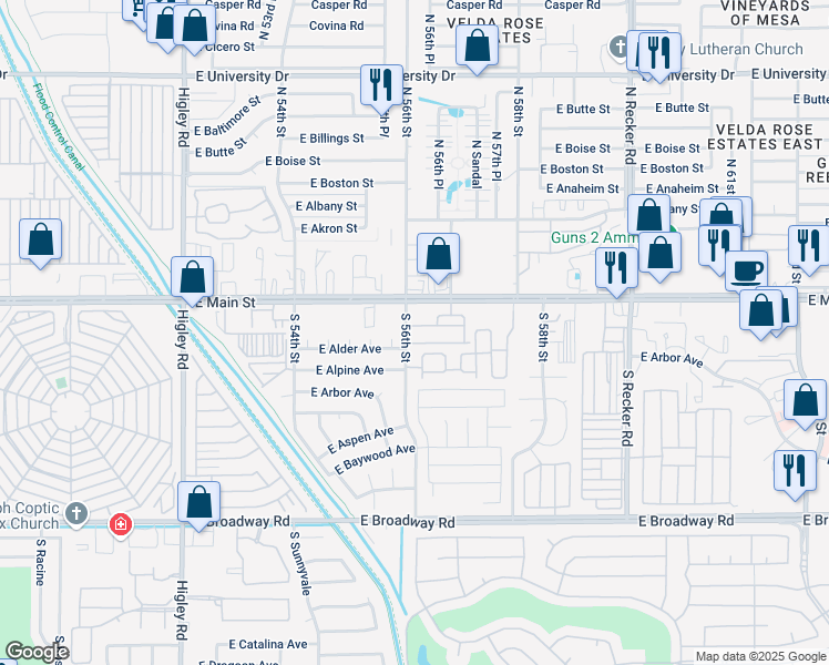 map of restaurants, bars, coffee shops, grocery stores, and more near 5637 East Alder Avenue in Mesa