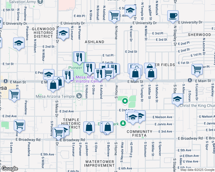 map of restaurants, bars, coffee shops, grocery stores, and more near 33 South Ashland in Mesa