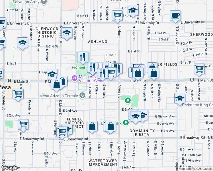 map of restaurants, bars, coffee shops, grocery stores, and more near 33 South Ashland in Mesa