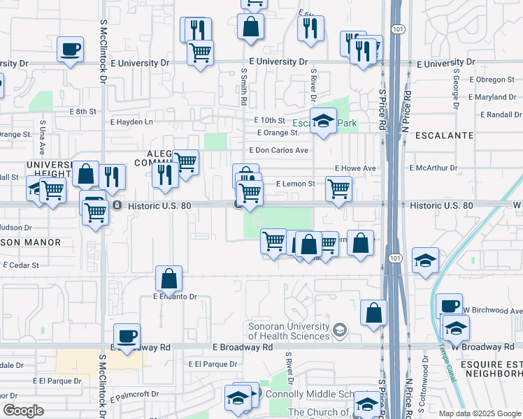 map of restaurants, bars, coffee shops, grocery stores, and more near 2011 East Apache Boulevard in Tempe