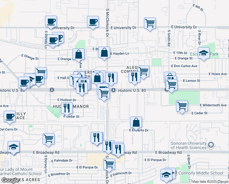 map of restaurants, bars, coffee shops, grocery stores, and more near 1827 Apache Boulevard in Tempe