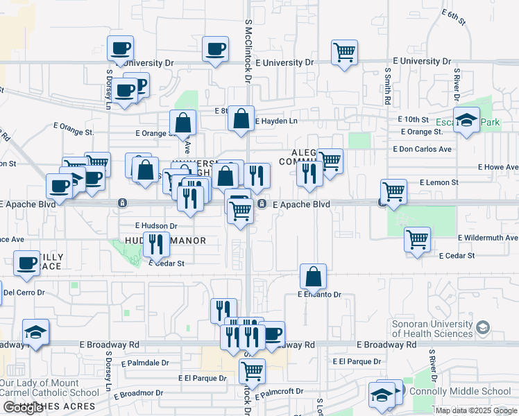 map of restaurants, bars, coffee shops, grocery stores, and more near 1400 South McClintock Drive in Tempe