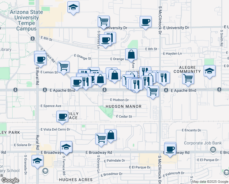 map of restaurants, bars, coffee shops, grocery stores, and more near 1436 East Hudson Drive in Tempe