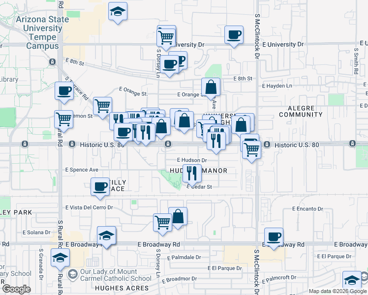 map of restaurants, bars, coffee shops, grocery stores, and more near 1436 East Hudson Drive in Tempe