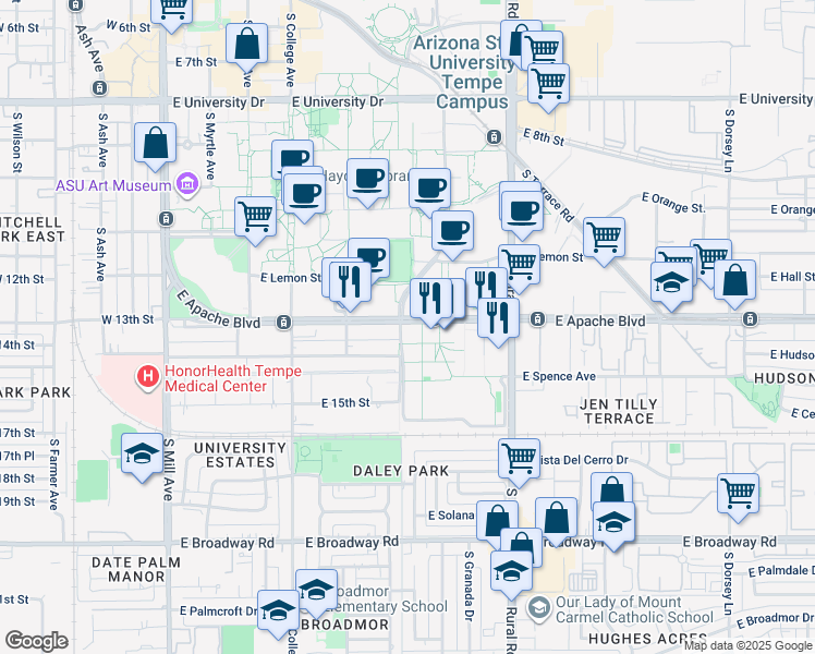 map of restaurants, bars, coffee shops, grocery stores, and more near in Tempe