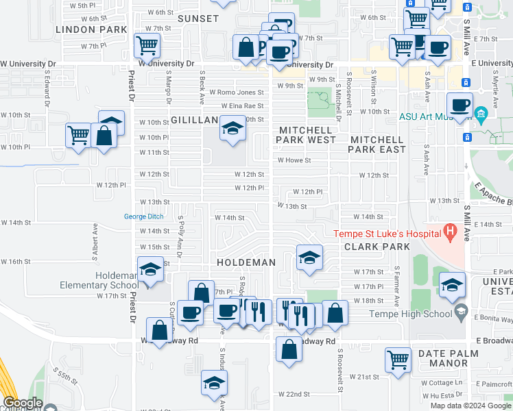 map of restaurants, bars, coffee shops, grocery stores, and more near 1320 South Hardy Drive in Tempe