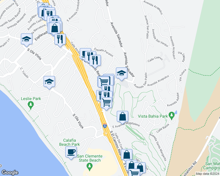 map of restaurants, bars, coffee shops, grocery stores, and more near 2321 South El Camino Real in San Clemente