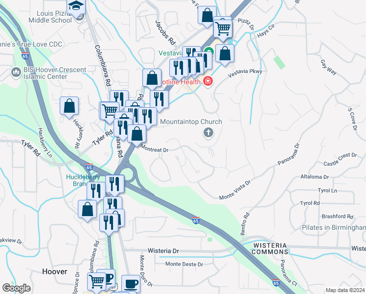 map of restaurants, bars, coffee shops, grocery stores, and more near 2001 Montreat Parkway in Vestavia Hills