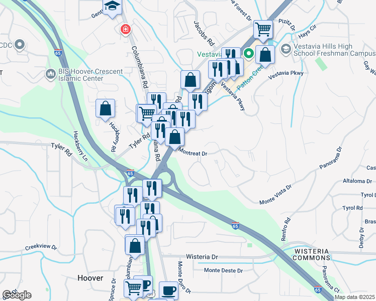 map of restaurants, bars, coffee shops, grocery stores, and more near 2043 Montreat Drive in Vestavia Hills