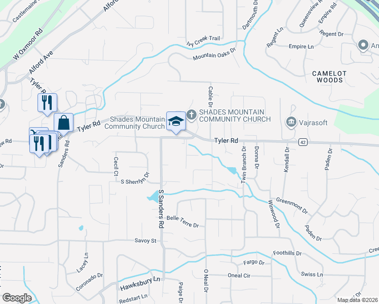 map of restaurants, bars, coffee shops, grocery stores, and more near 2300 Harmony Lane in Birmingham