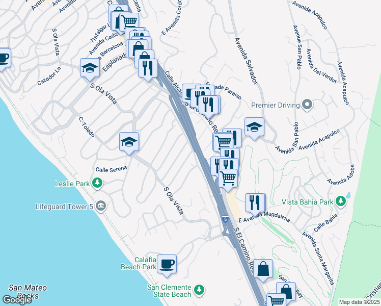 map of restaurants, bars, coffee shops, grocery stores, and more near West Avenida Cornelio in San Clemente