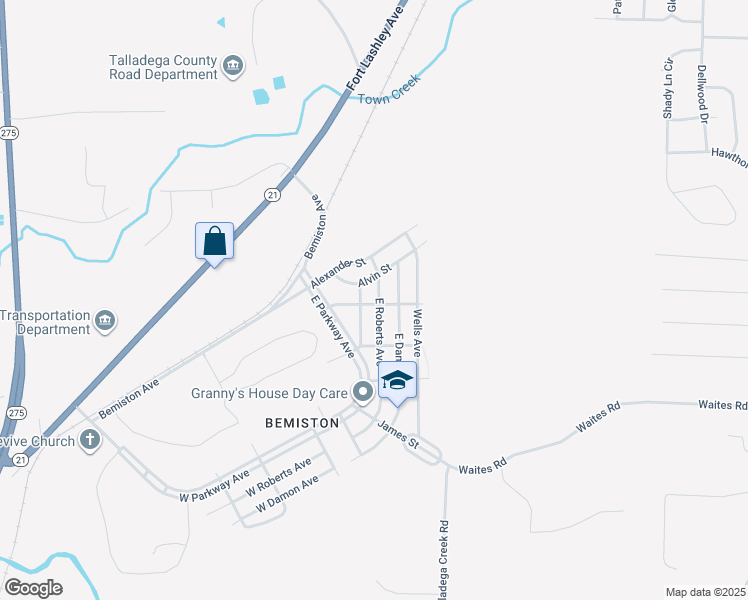map of restaurants, bars, coffee shops, grocery stores, and more near 412 Talladega Avenue in Talladega