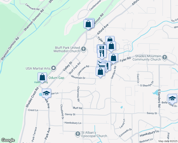 map of restaurants, bars, coffee shops, grocery stores, and more near 2520 Mountain Cove in Birmingham