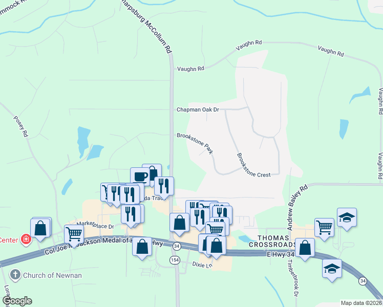 map of restaurants, bars, coffee shops, grocery stores, and more near 31 Pebble Way in Newnan