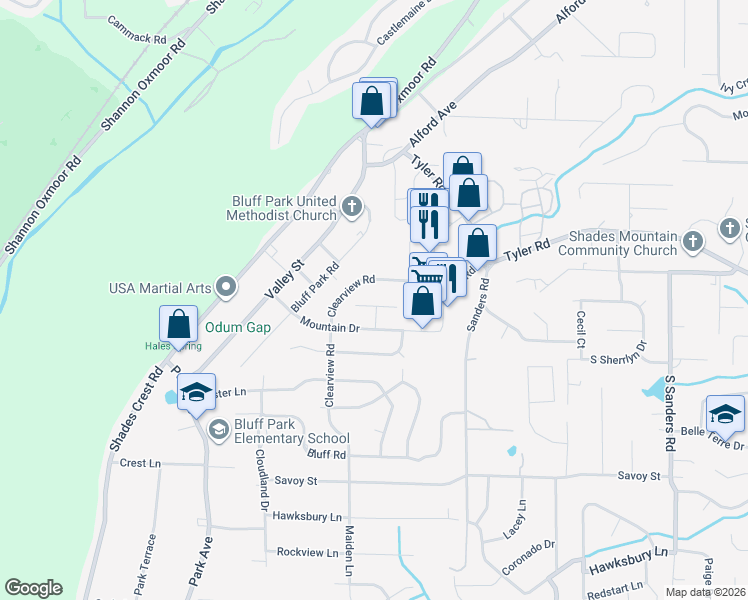 map of restaurants, bars, coffee shops, grocery stores, and more near 2520 Mountain Cove in Birmingham