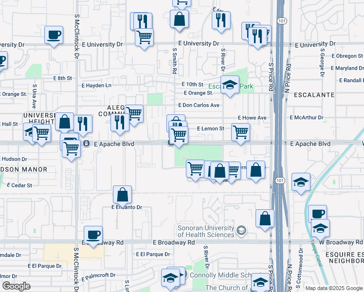 map of restaurants, bars, coffee shops, grocery stores, and more near 2011 East Apache Boulevard in Tempe