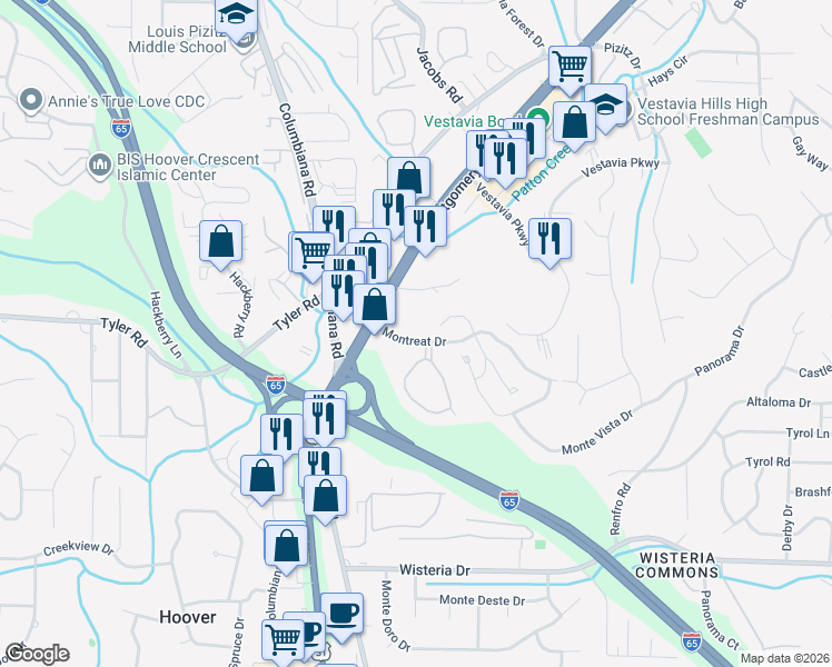 map of restaurants, bars, coffee shops, grocery stores, and more near 2000 Montreat Parkway in Birmingham