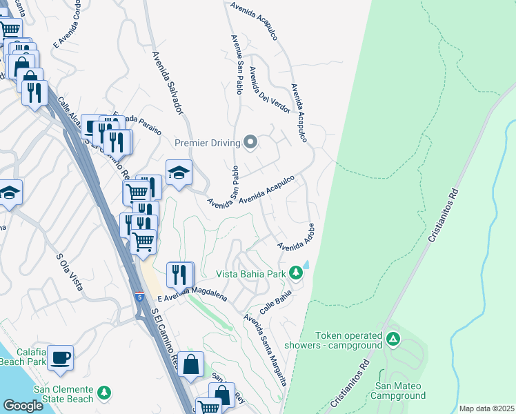 map of restaurants, bars, coffee shops, grocery stores, and more near 124 Avenida Adobe in San Clemente