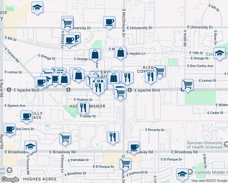 map of restaurants, bars, coffee shops, grocery stores, and more near 1707 East Apache Boulevard in Tempe