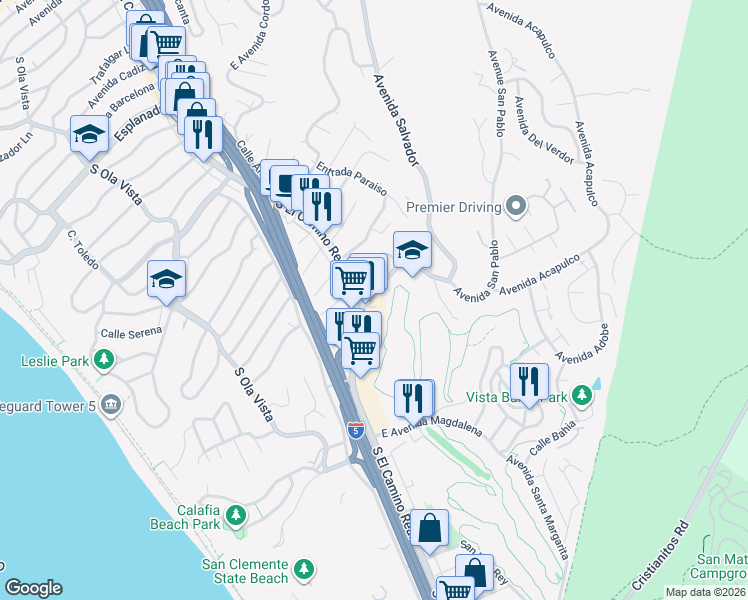 map of restaurants, bars, coffee shops, grocery stores, and more near 2321 South El Camino Real in San Clemente