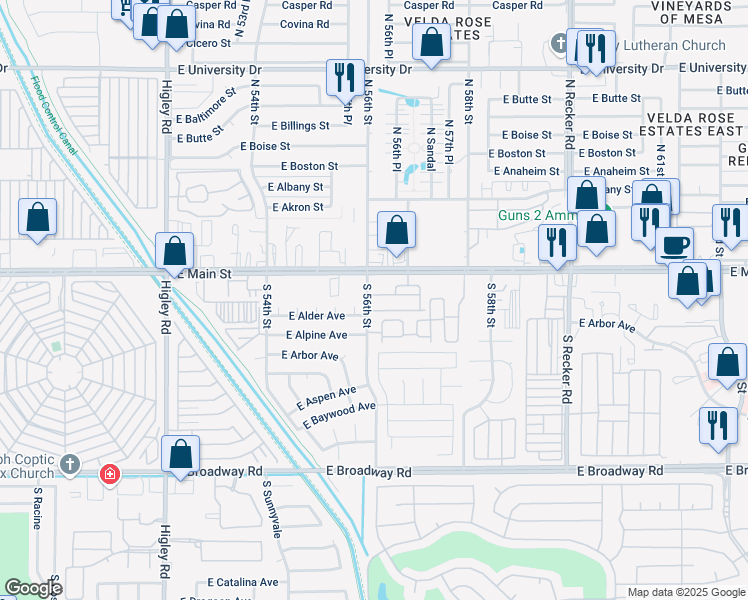 map of restaurants, bars, coffee shops, grocery stores, and more near 5637 East Alder Avenue in Mesa