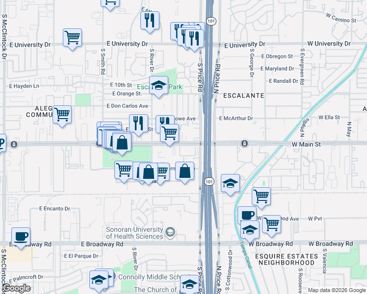 map of restaurants, bars, coffee shops, grocery stores, and more near 2157 East Apache Boulevard in Tempe