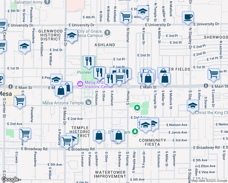map of restaurants, bars, coffee shops, grocery stores, and more near 701 East Main Street in Mesa