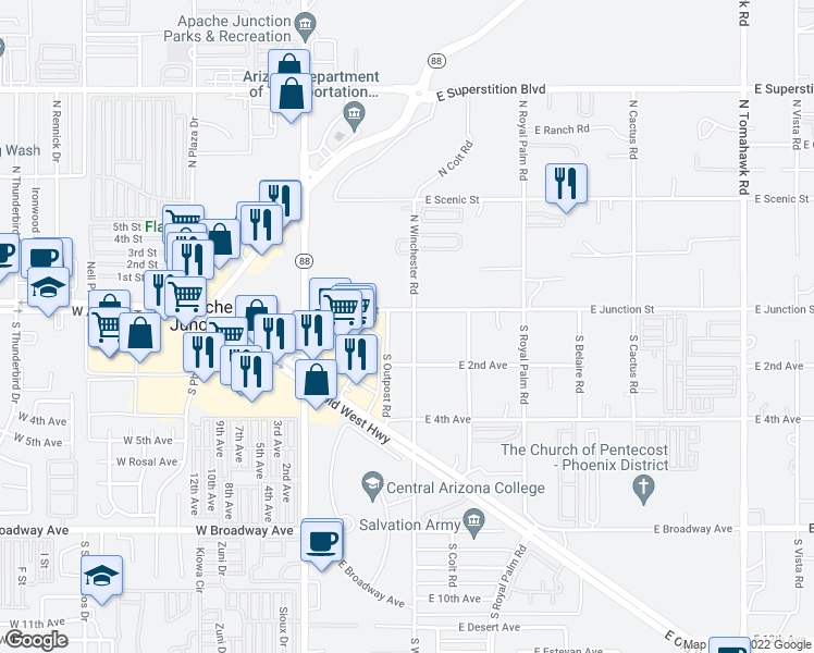 map of restaurants, bars, coffee shops, grocery stores, and more near 88 South Winchester Road in Apache Junction
