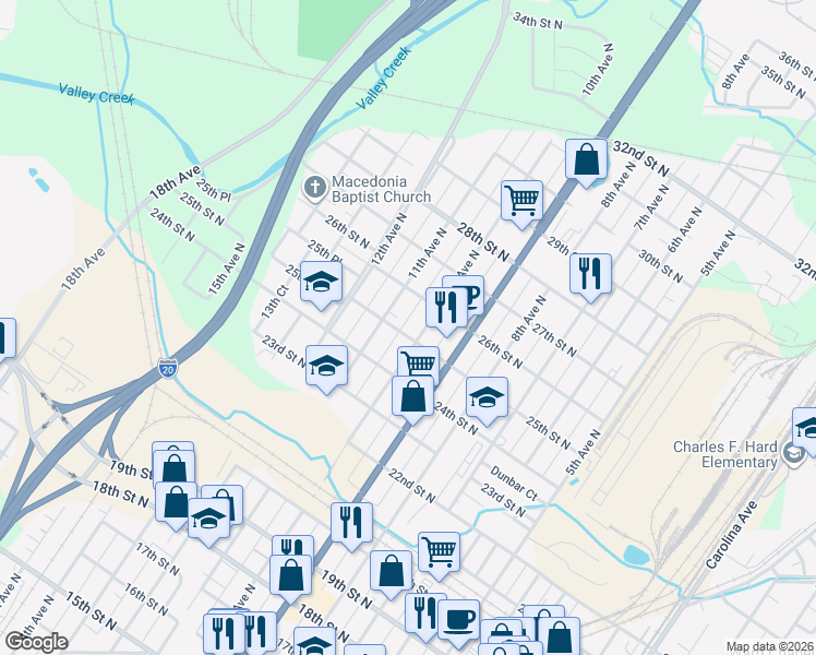 map of restaurants, bars, coffee shops, grocery stores, and more near 2501 10th Avenue North in Bessemer