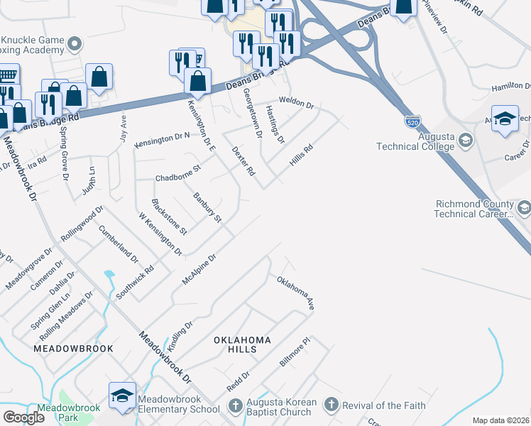 map of restaurants, bars, coffee shops, grocery stores, and more near 3460 McAlpine Drive in Augusta