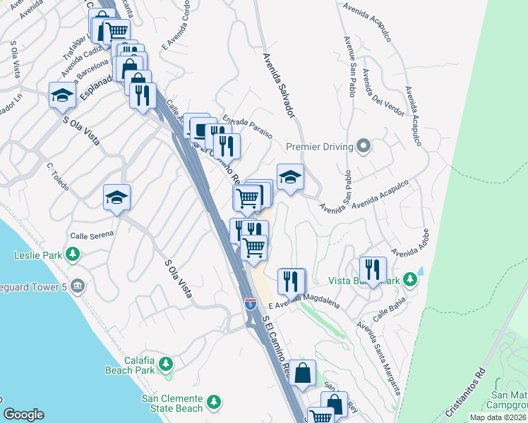 map of restaurants, bars, coffee shops, grocery stores, and more near 102 East Avenida San Gabriel in San Clemente