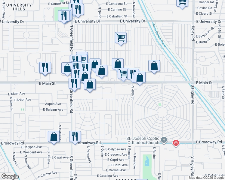 map of restaurants, bars, coffee shops, grocery stores, and more near 4711 East Main Street in Mesa