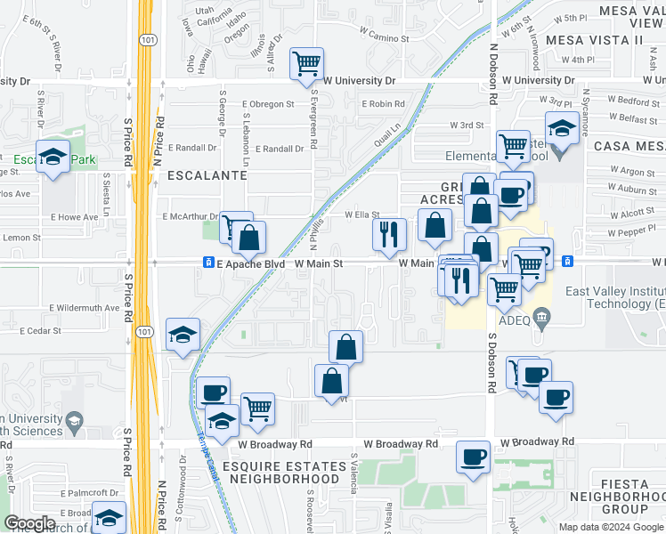 map of restaurants, bars, coffee shops, grocery stores, and more near 2343 West Main Street in Mesa
