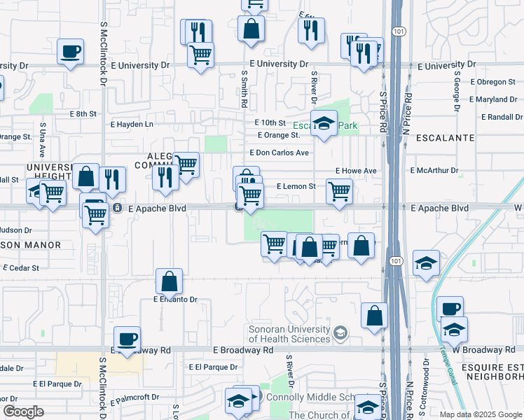map of restaurants, bars, coffee shops, grocery stores, and more near 2011 East Apache Boulevard in Tempe