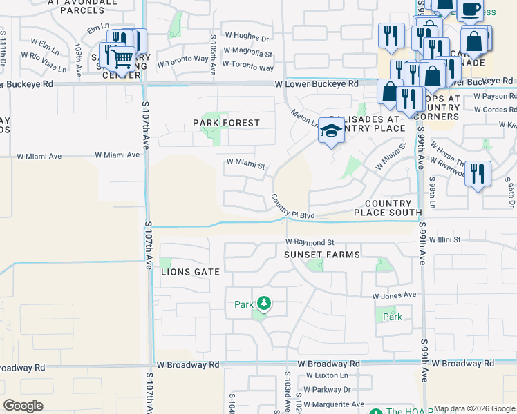 map of restaurants, bars, coffee shops, grocery stores, and more near 10317 West Forest Grove Avenue in Tolleson