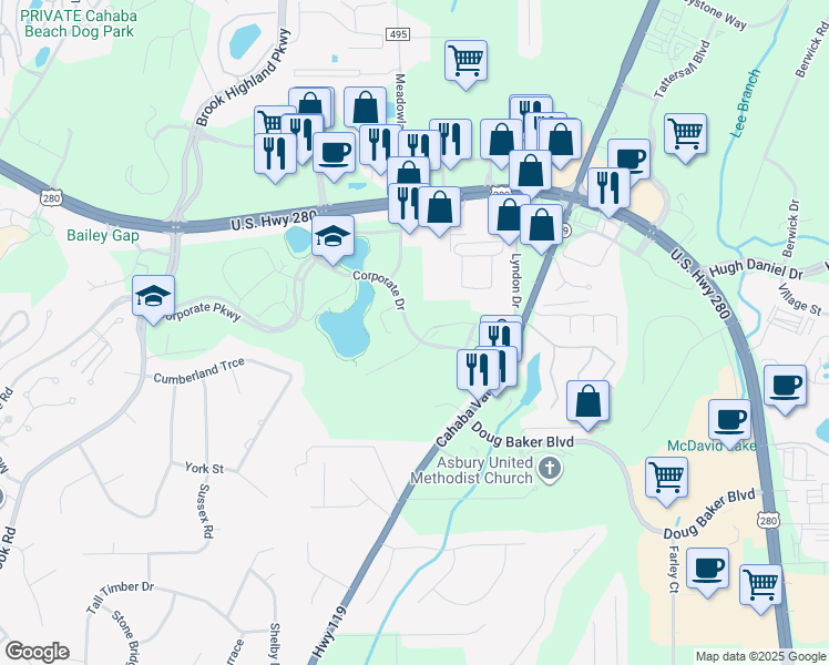 map of restaurants, bars, coffee shops, grocery stores, and more near 2500 Corporate Dr in Birmingham