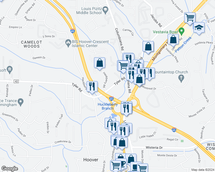 map of restaurants, bars, coffee shops, grocery stores, and more near 2717 Hackberry Road in Vestavia Hills