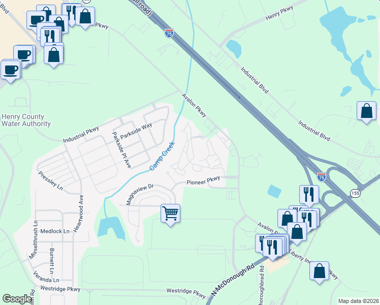 map of restaurants, bars, coffee shops, grocery stores, and more near 2014 Avalon Parkway in McDonough