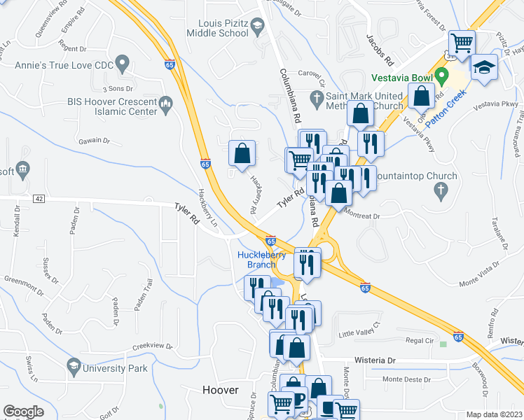 map of restaurants, bars, coffee shops, grocery stores, and more near 2717 Hackberry Road in Vestavia Hills