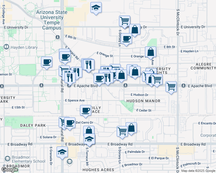 map of restaurants, bars, coffee shops, grocery stores, and more near 1205 Apache Boulevard in Tempe