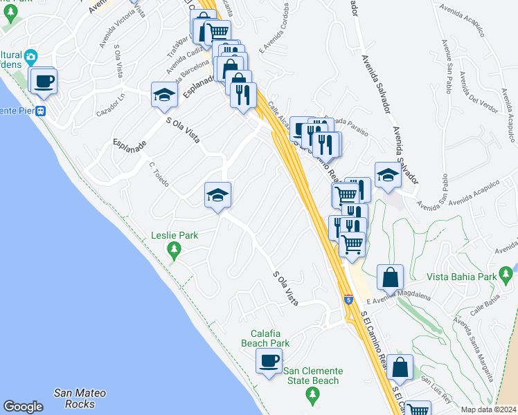 map of restaurants, bars, coffee shops, grocery stores, and more near West Avenida San Antonio in San Clemente