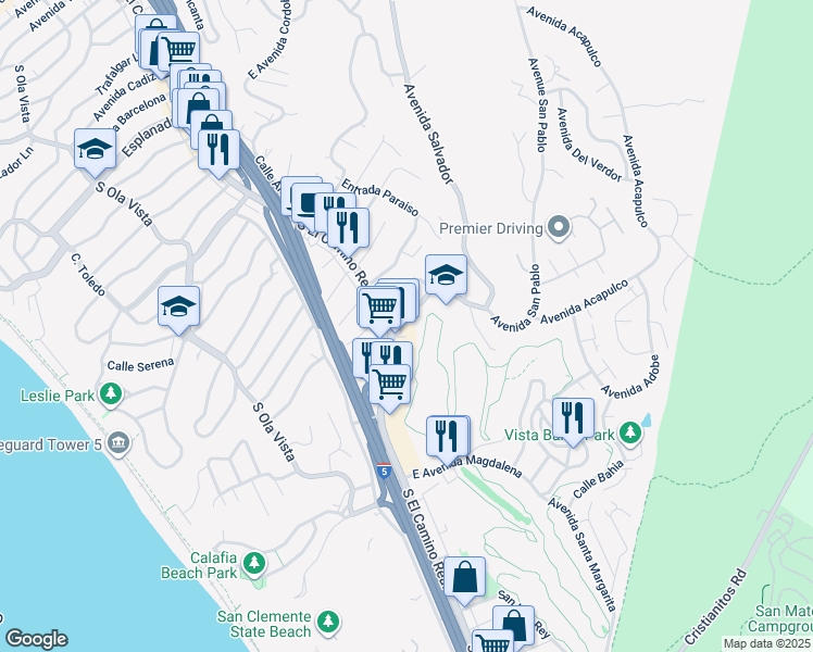 map of restaurants, bars, coffee shops, grocery stores, and more near 104 East Avenida San Gabriel in San Clemente