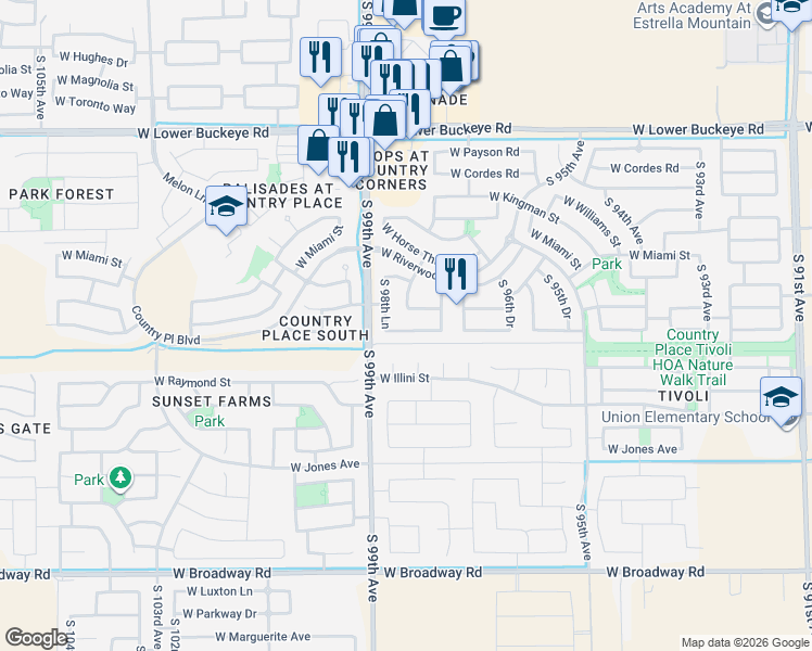 map of restaurants, bars, coffee shops, grocery stores, and more near 9809 West Heber Road in Tolleson