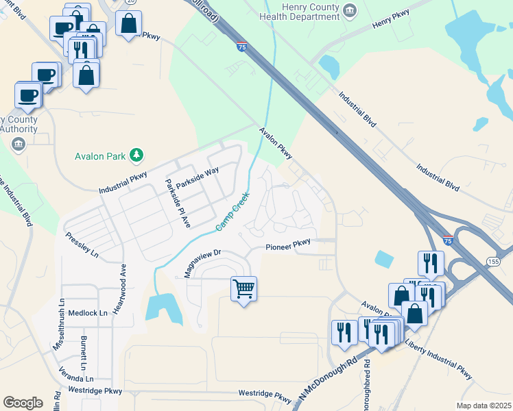 map of restaurants, bars, coffee shops, grocery stores, and more near 620 Beaujolais Court in McDonough